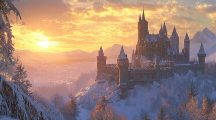 Wall Mural - A majestic castle surrounded by snow-covered mountains at sunrise.