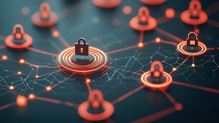 Poster - Abstract network grid with glowing lines and security icons, representing secure data transmission and protection against cyber threats in a connected world.