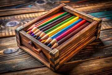 Wall Mural - A Rustic Collection of Colorful Pencils in a Wooden Box, Perfect for Creative Projects and Artistic Inspiration, Showcasing a Variety of Shades and Textures for Craft Enthusiasts