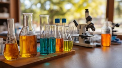 Poster - biotechnology lab decorated with vibrant glassware and microscopes for scientific experiment