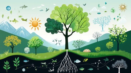 Poster - a vibrant illustration depicting a complex ecosystem, showcasing the interconnectedness of various o