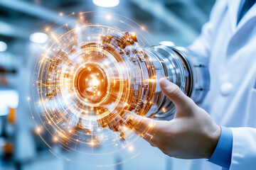Poster - expert hands manipulate a futuristic mechanical component, highlighting precision engineering and in