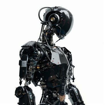 Sophisticated robot with exposed circuitry and wires standing on a white background
