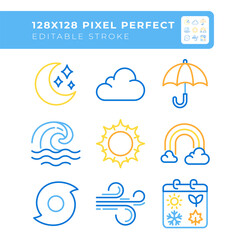 Poster - climate two color line icons set. weather forecast. overcast, wind and rain symbols. clear sky at da