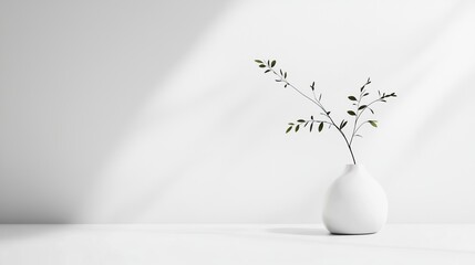 Poster - minimalist vase with green leaves on a white surface illuminated by soft natural light
