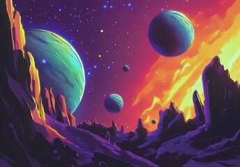 A conceptual illustration of the universe exploring the theme of the origins of life, incorporating elements of stars, comets, and nebulae.