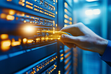 Poster - A hand connects colorful cables to a server rack in a modern data center filled with glowing lights and technology