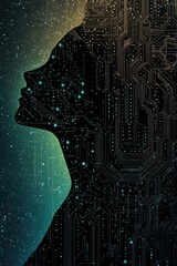 Poster - Tech Leadership Businesswoman Silhouette Merging with Digital Circuitry on Dark Abstract Background