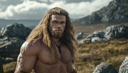 Poster - A Neanderthal with long hair and big muscles in the film, which is characterized by its strong facial expressions