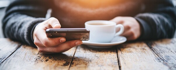 Poster - A young entrepreneur using a smartphone to research website ranking strategies in an outdoor cafe setting