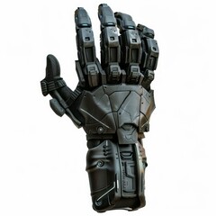 Poster - Futuristic bionic hand is making stop gesture on white background