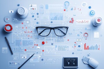 Poster - search optimization ideas, digital concepts with interactive data flow,