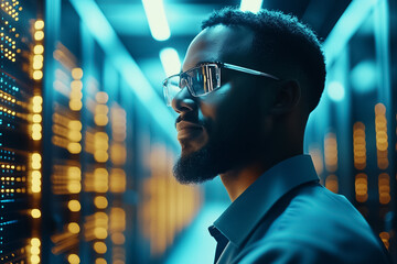 Poster - A focused individual analyzes electrical data in a brightly lit, tech-savvy facility
