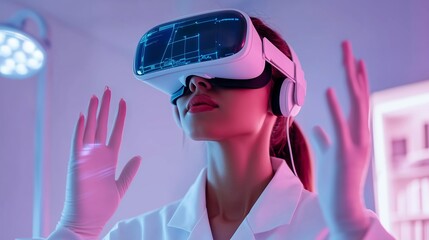 Poster - Woman experiencing virtual reality in a modern room during a technology demonstration