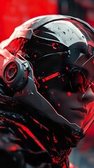 Wall Mural - cyberpunk futuristic helmet: red and black digital art