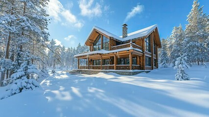 Wall Mural - animation stunning snow-covered log cabin retreat generated with ai