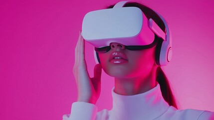 Poster - young adult experiencing virtual reality in a vibrant pink setting while wearing a sleek headset and
