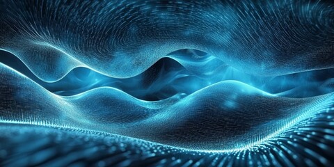 Poster - A mesmerizing and visually captivating depiction of glowing, vibrant blue waves, creating a stunning and abstract digital landscape characterized by a unique and futuristic artistic style