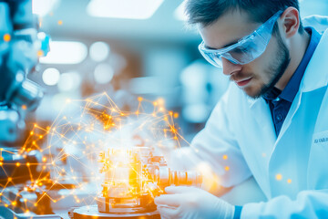 Poster - Technician assembles complex mechanical parts using advanced visualization techniques in a lab