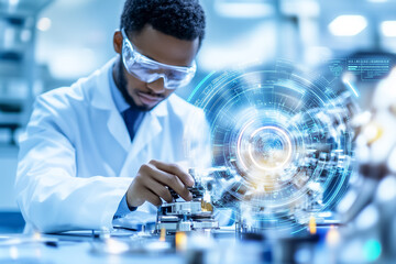 Poster - Engineer focuses on intricate mechanical parts while using advanced technology in a modern laboratory setting