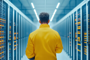 Poster - A person in a yellow jacket stands in a data center, surrounded by rows of glowing servers