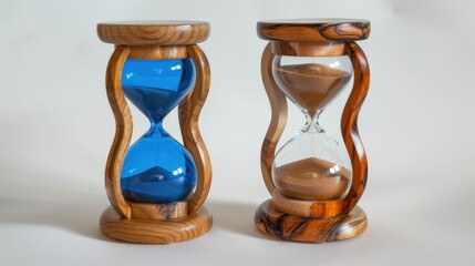 Wall Mural - photograph of Two wooden and glass hourglasses with sand sit on a white background. One has blue colored glass filled with sand, while the other brown colored glass