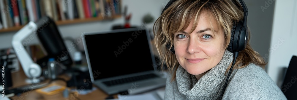 Smiling Woman Working Remotely At Her Home Office Using Headphones And ...