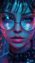 Poster - Cyberpunk Woman Portrait: Neon Lights and Water Drops