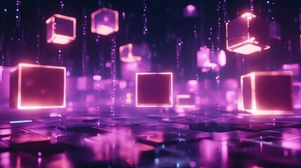 Poster - A futuristic digital landscape with glowing cubes and a vibrant, abstract atmosphere.