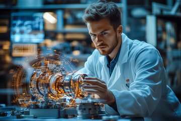 Poster - An engineer is focused on assembling intricate mechanical parts while digital elements enhance the workspace around him