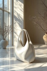 Poster - Elegant white bag displayed in serene interior setting with natural light and plant decor
