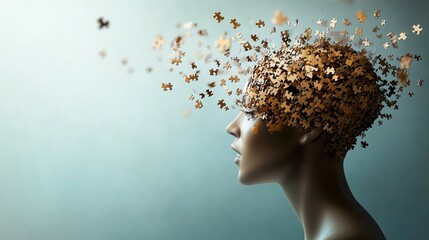 Poster - Conceptual representation of thought process with puzzle pieces emerging from a head in a creative artistic display