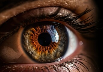 Close-up of a human eye with vivid brown iris and detailed eyelashes