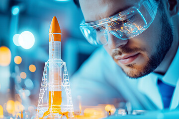 Poster - A male aerospace engineer focuses intently on a transparent rocket model surrounded by advanced technology