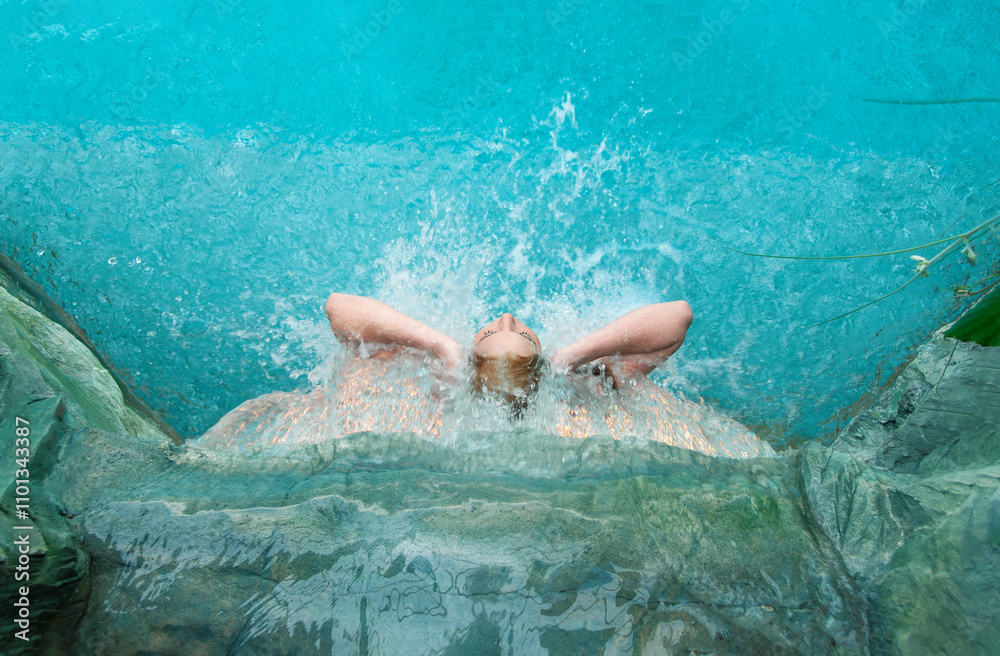 View from above to beautiful young sexy blonde naked woman, enjoying