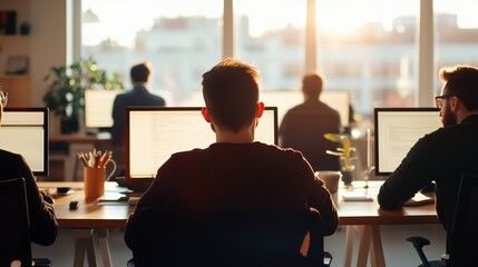 Poster - sunset work session in a modern office with focused individuals at their computers