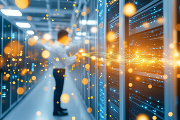 Poster - A technician works with servers in a lit data center, showcasing vibrant connections and electrical activity