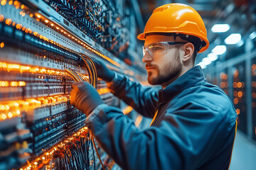Poster - Skilled technician manages wires and connections in a control panel during daytime in a well-lit workspace