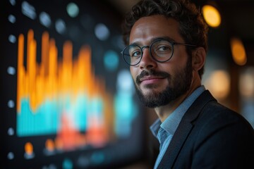 Poster - Professional man analyzes data trends in office with modern analytics display in background