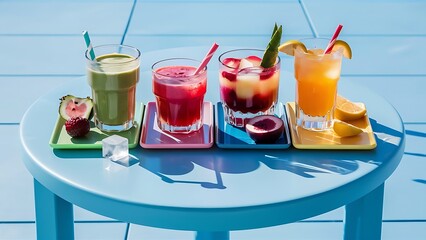 Wall Mural - Different types of summer drinks in glasses, cubes of ice and slices of fruits on blue table. Healthy vitamin fruit and berry drinks.