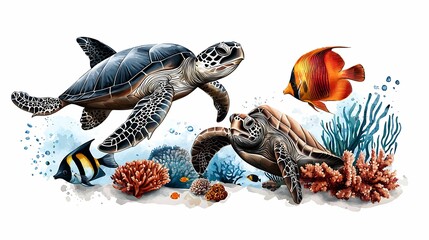 Wall Mural - colorful sea turtles swim gracefully through vibrant coral reef ecosystem