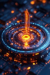 Poster - Futuristic digital interface displaying glowing elements and a central pointer structure