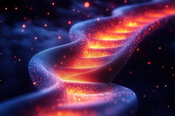 Poster - Vibrant wave of glowing particles flowing through a mysterious dark landscape