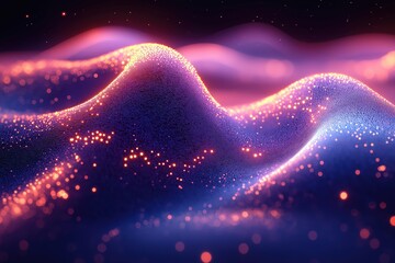 Poster - Digital landscape depicting flowing forms and luminous particles in a modern art style
