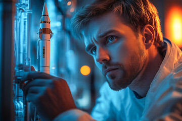 Poster - A male aerospace engineer closely inspects a model rocket in a futuristic lab environment with ambient lighting