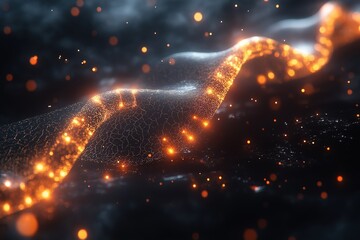 Poster - Dynamic wave of glowing particles flows through a dark background