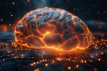 Poster - Intricate depiction of a glowing brain against a dim background with sparks of energy