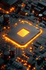 Poster - Brightly glowing microchip on circuit board showcasing advanced technology and design