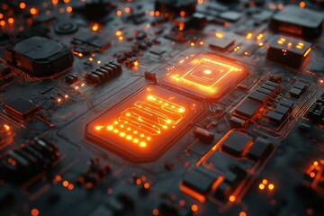 Poster - Intricate details of a glowing circuit board with orange lights at close range