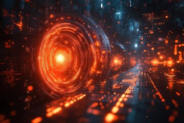 Fototapete - Futuristic digital tunnel with glowing orange patterns in a virtual space environment